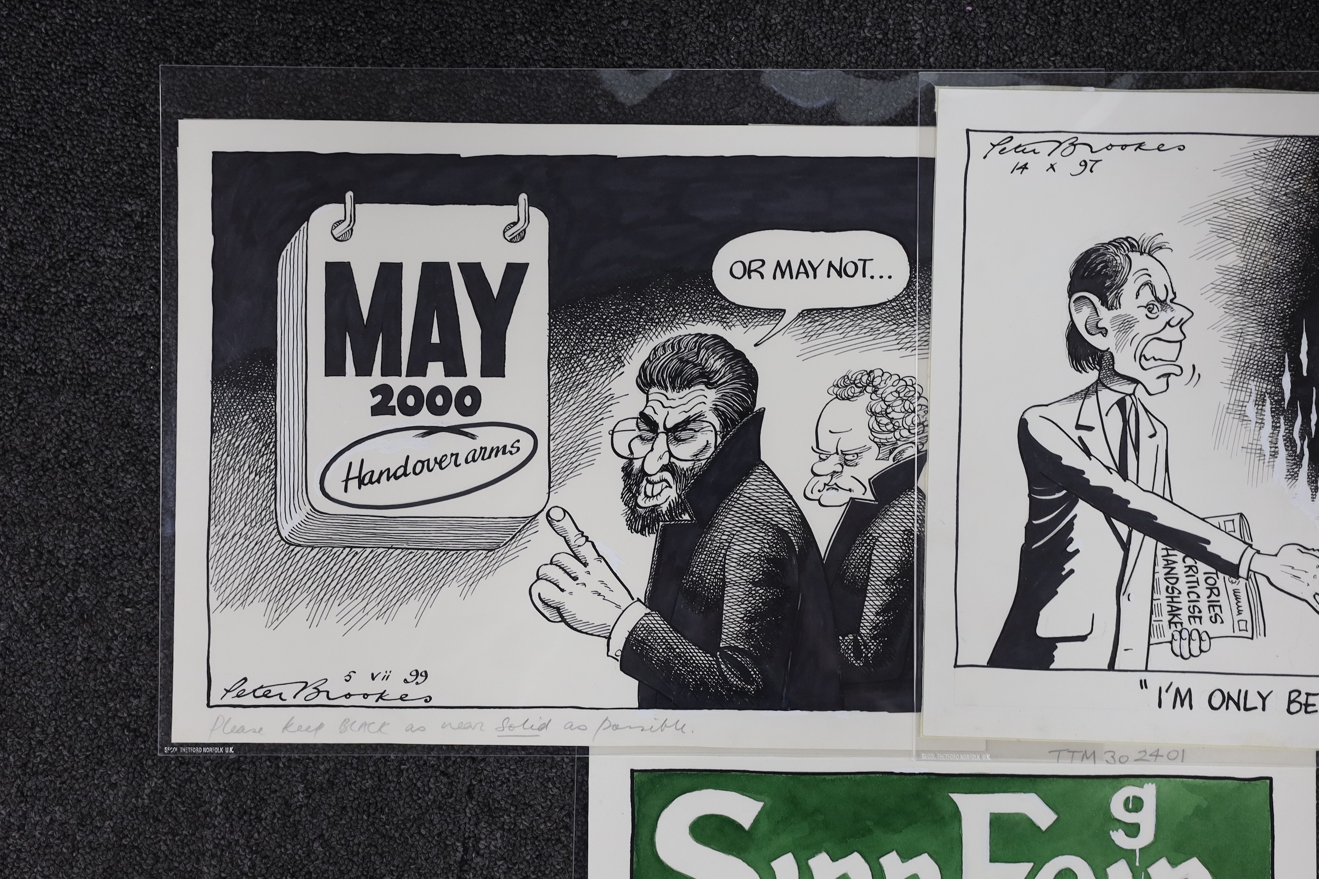 Peter Brookes (9143-), three original ink and watercolour cartoons, all relating to Irish subjects, 'Sinn Feign' 1999, 'May 2000 hand over arms' and 'I'm only being inclusive' 1997, signed and dated with artists notes, l